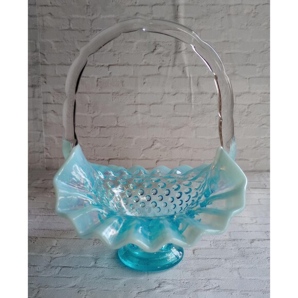 Vintage Fenton Glass Hobmail Opalescent Blue Ruffled Basket - Picture 2 of 5